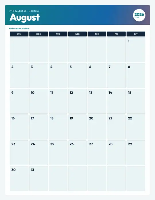 Printable August 2026 calendar — It's Calendar — Modern Color template Printable August 2026 calendar — It's Calendar — Modern Color template