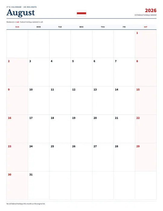 Printable August 2026 calendar — It's Calendar — US Holidays Marked template Printable August 2026 calendar — It's Calendar — US Holidays Marked template