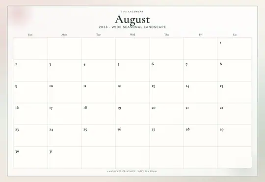 Printable August 2026 calendar — It's Calendar — Landscape Soft template Printable August 2026 calendar — It's Calendar — Landscape Soft template