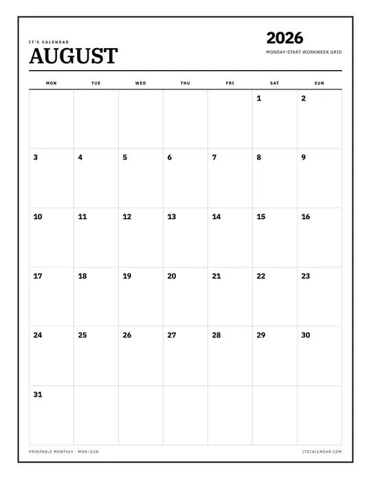 August 2026 Monday start August 2026 Monday-start calendar