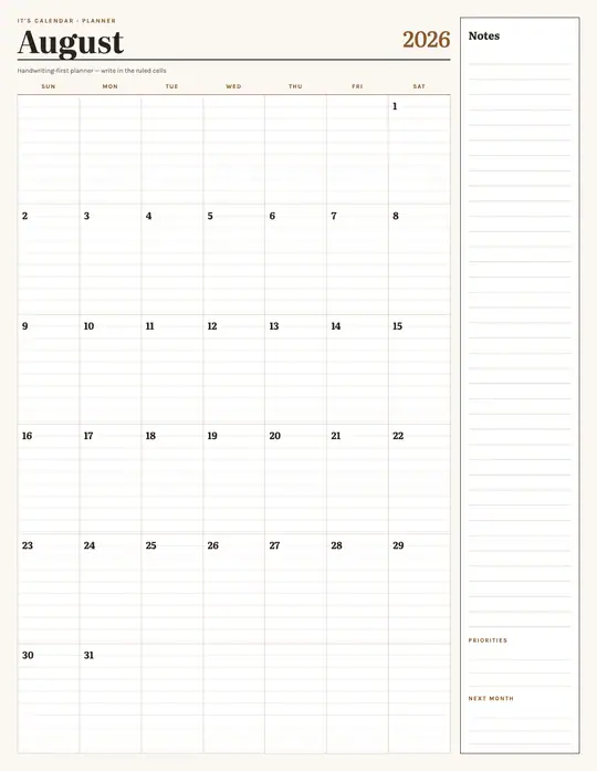 Printable August 2026 calendar — It's Calendar — Notes Planner template Printable August 2026 calendar — It's Calendar — Notes Planner template