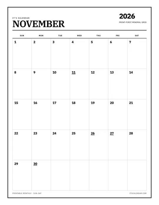 Printable November 2026 calendar — It's Calendar — Classic Black & White template