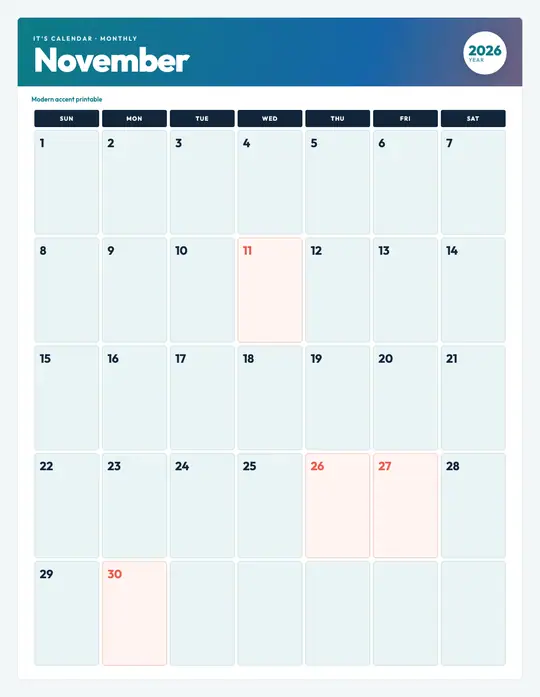 Printable November 2026 calendar — It's Calendar — Modern Color template