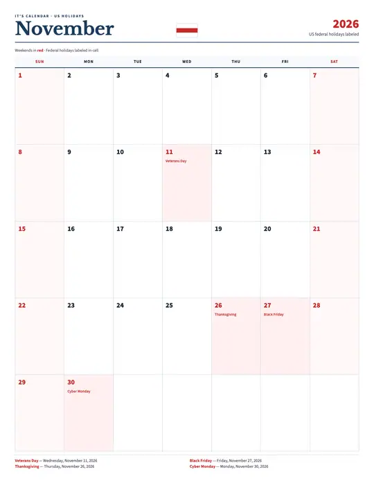 Printable November 2026 calendar — It's Calendar — US Holidays Marked template