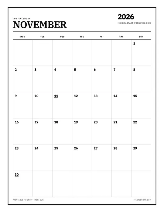 Printable November 2026 calendar — It's Calendar — Monday Start template