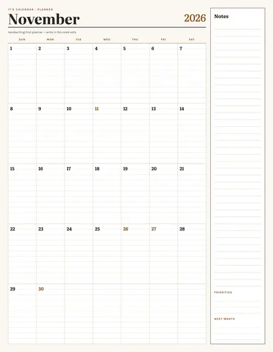 Printable November 2026 calendar — It's Calendar — Notes Planner template