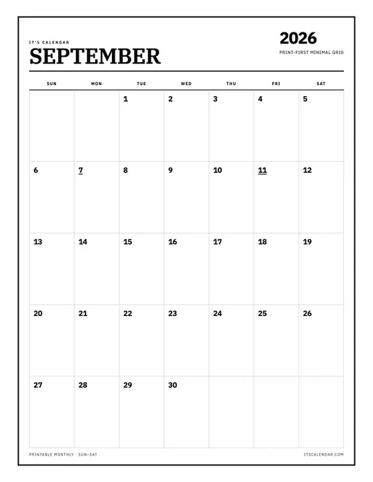 Printable September 2026 calendar — click to enlarge Printable September 2026 calendar preview
