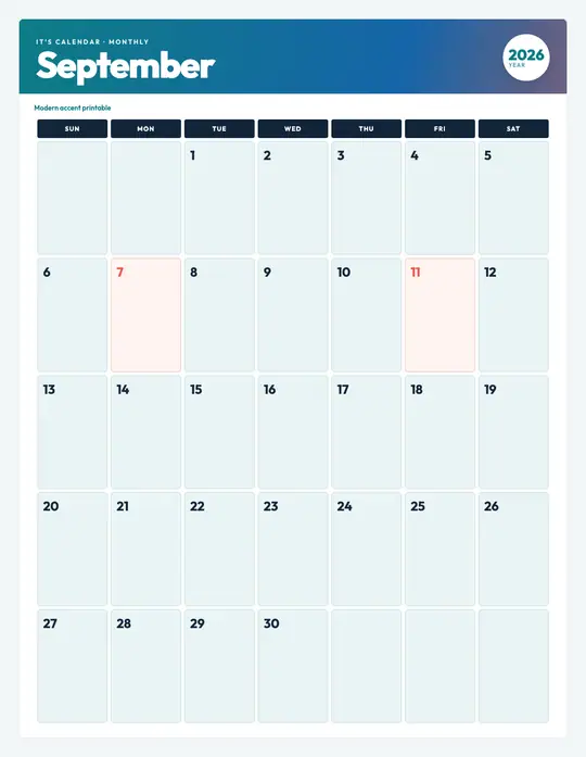 Printable September 2026 calendar — It's Calendar — Modern Color template Printable September 2026 calendar — It's Calendar — Modern Color template