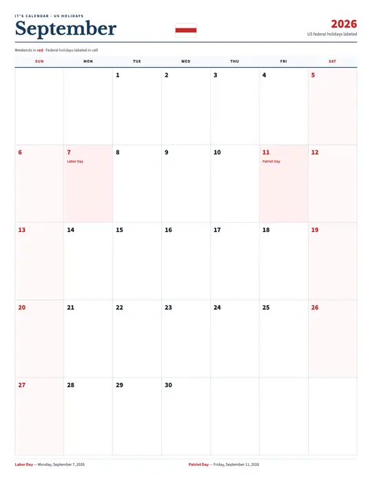 Printable September 2026 calendar — It's Calendar — US Holidays Marked template Printable September 2026 calendar — It's Calendar — US Holidays Marked template