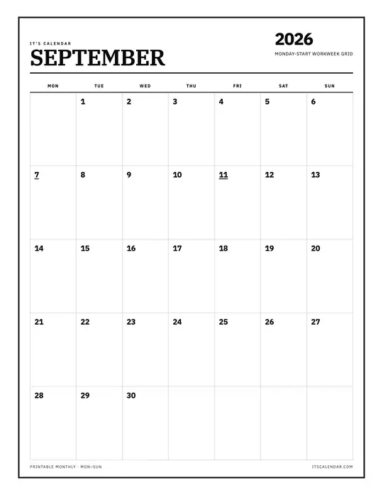 September 2026 Monday start September 2026 Monday-start calendar
