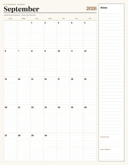 Printable September 2026 calendar — It's Calendar — Notes Planner template Printable September 2026 calendar — It's Calendar — Notes Planner template
