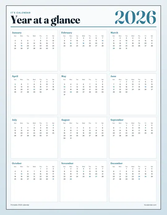 Printable 2026 yearly calendar preview