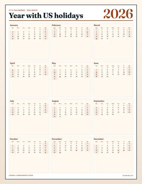 Printable 2026 year-at-a-glance calendar poster — It's Calendar — Holidays Emphasis template