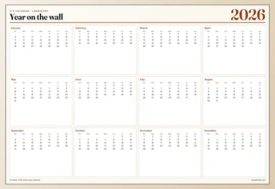 Printable 2026 year-at-a-glance calendar poster — It's Calendar — Landscape Wall template