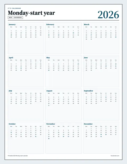 Printable 2026 year-at-a-glance calendar poster — It's Calendar — Monday Start template