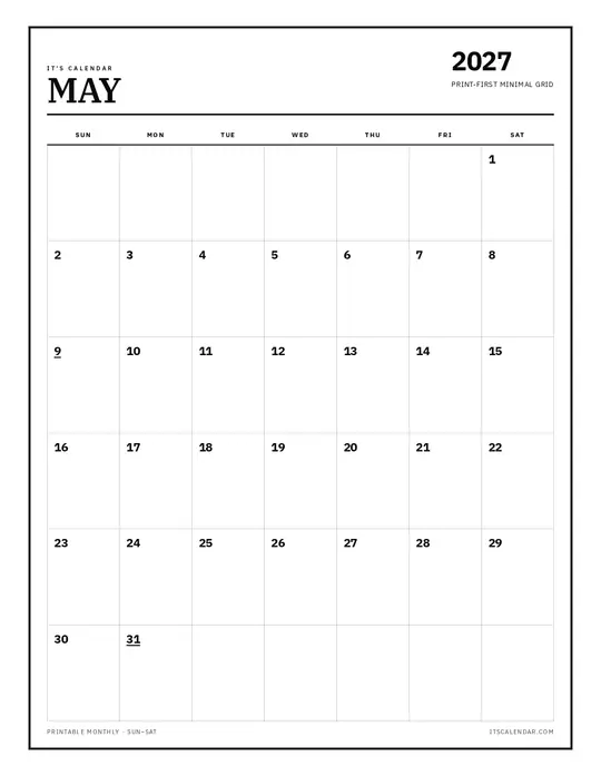 Printable May 2027 calendar — It's Calendar — Classic Black & White template Printable May 2027 calendar — It's Calendar — Classic Black & White template