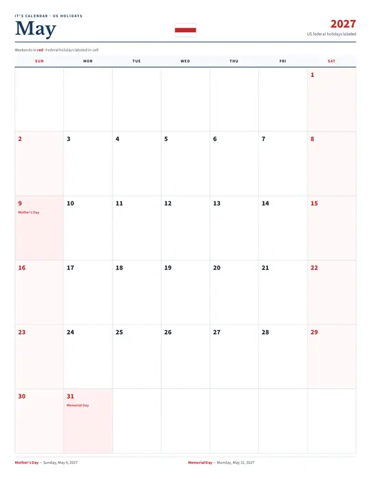 Printable May 2027 calendar — It's Calendar — US Holidays Marked template Printable May 2027 calendar — It's Calendar — US Holidays Marked template