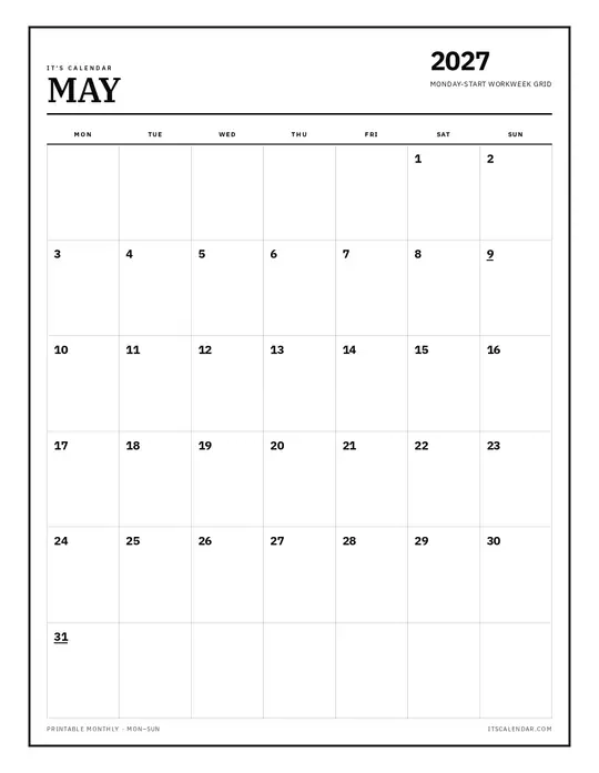 Printable May 2027 calendar — It's Calendar — Monday Start template Printable May 2027 calendar — It's Calendar — Monday Start template