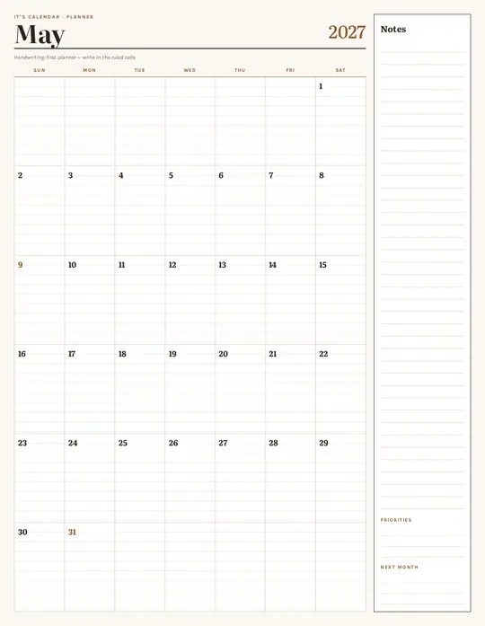 Printable May 2027 calendar — It's Calendar — Notes Planner template Printable May 2027 calendar — It's Calendar — Notes Planner template