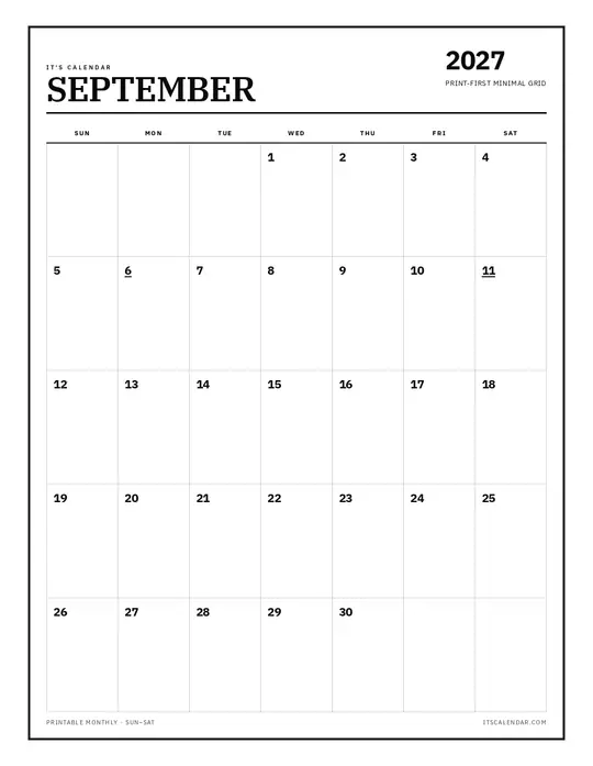 Printable September 2027 calendar — It's Calendar — Classic Black & White template