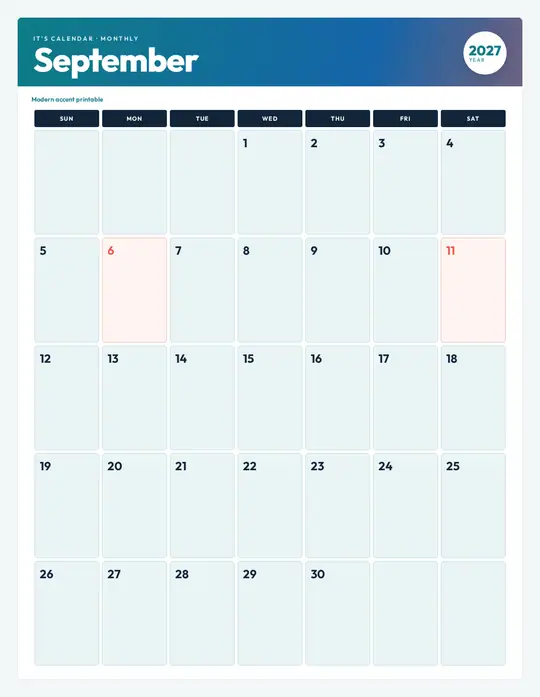 Printable September 2027 calendar — It's Calendar — Modern Color template