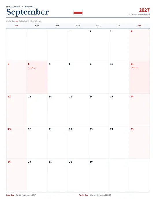 Printable September 2027 calendar — It's Calendar — US Holidays Marked template