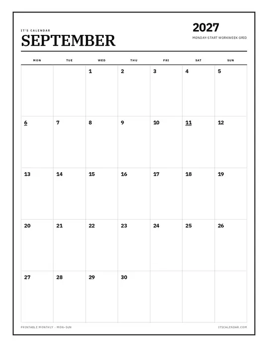 Printable September 2027 calendar — It's Calendar — Monday Start template