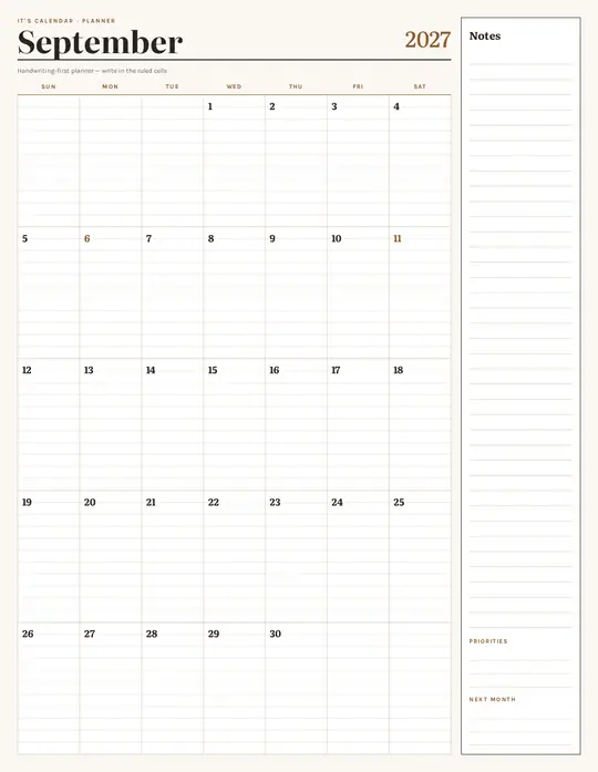 Printable September 2027 calendar — It's Calendar — Notes Planner template