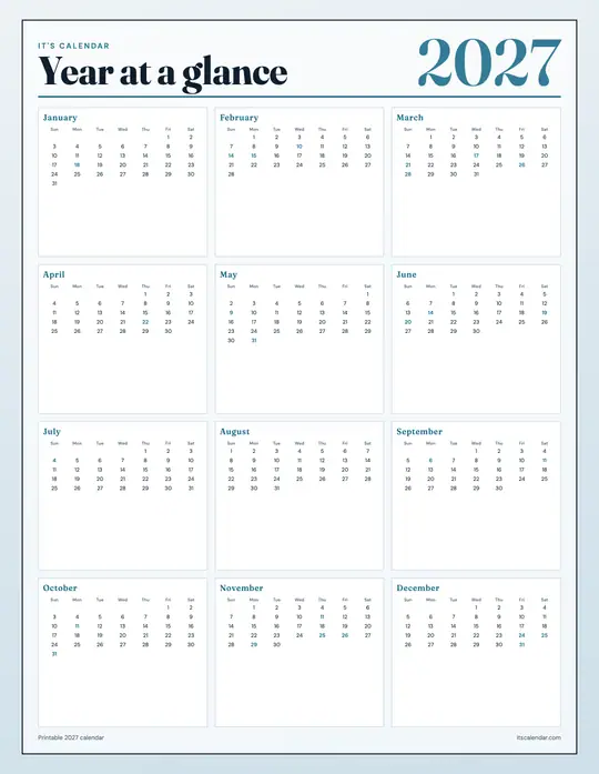 Printable 2027 year-at-a-glance calendar poster — It's Calendar — Classic Year Poster template