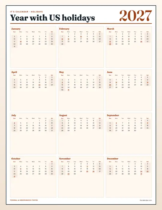 Printable 2027 year-at-a-glance calendar poster — It's Calendar — Holidays Emphasis template
