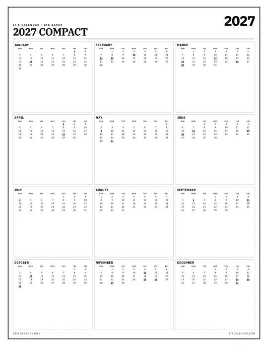 Printable 2027 year-at-a-glance calendar poster — It's Calendar — Ink Compact template