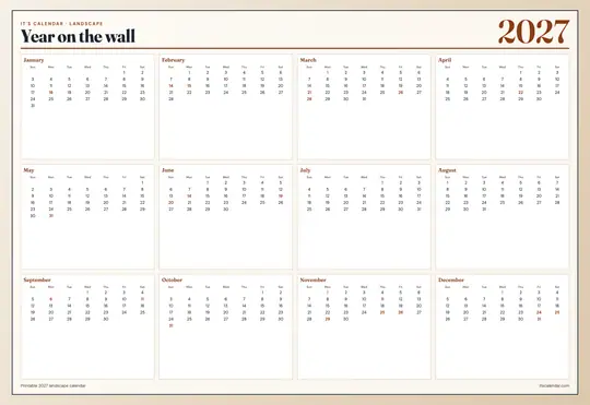 Printable 2027 year-at-a-glance calendar poster — It's Calendar — Landscape Wall template