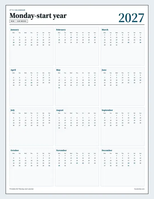 Printable 2027 year-at-a-glance calendar poster — It's Calendar — Monday Start template
