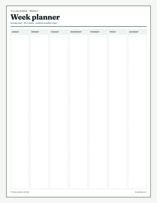 Free Printable Weekly Calendar | 5 Planner Templates | It's Calendar — Classic Sunday Week template
