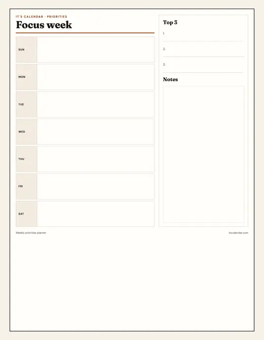 Free Printable Weekly Calendar | 5 Planner Templates | It's Calendar — Priorities Planner template