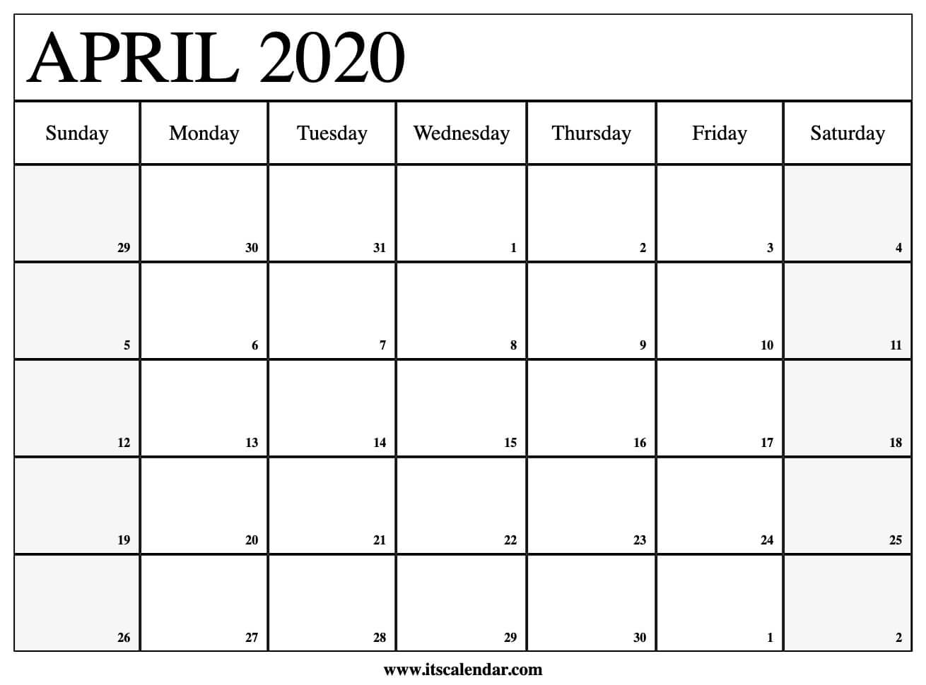 Free Printable April 2020 Calendar