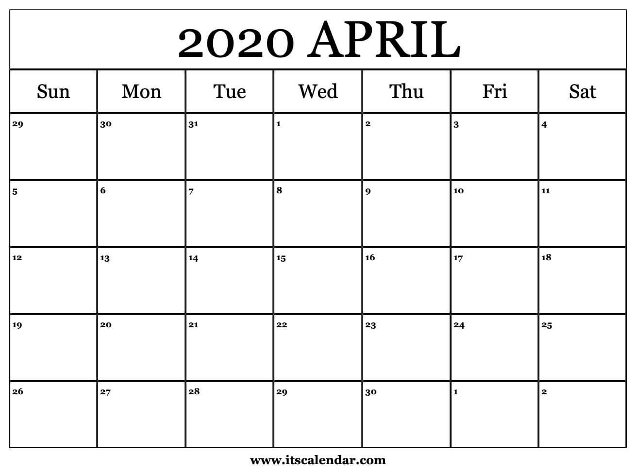 Free Printable April 2020 Calendar
