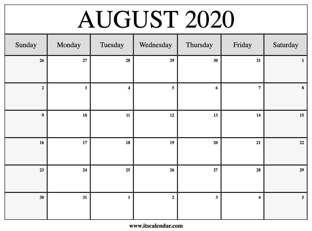 Free Printable August 2020 Calendar