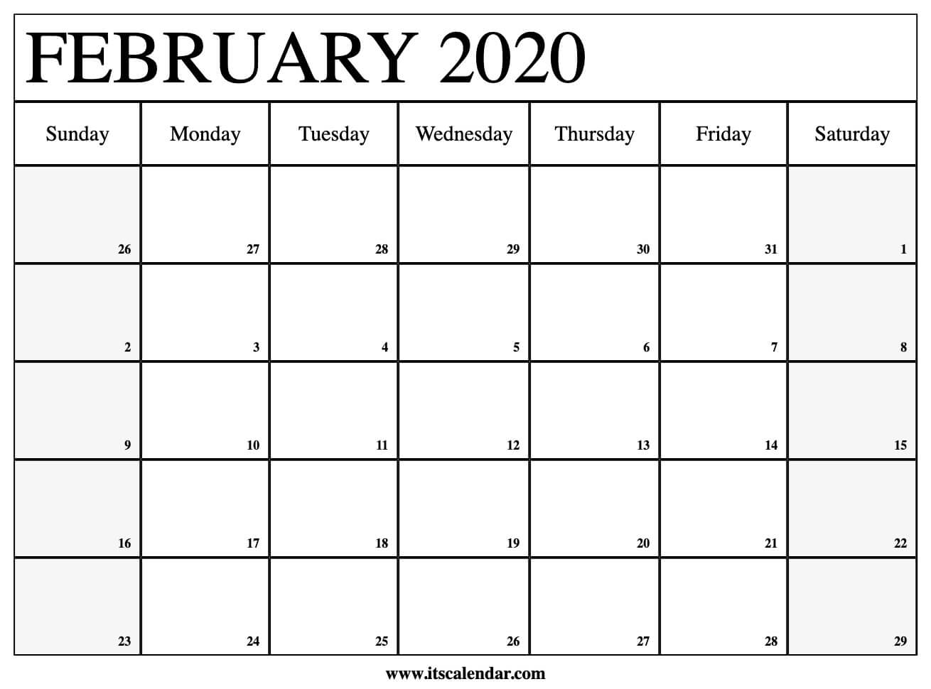 Free Printable February 2020 Calendar