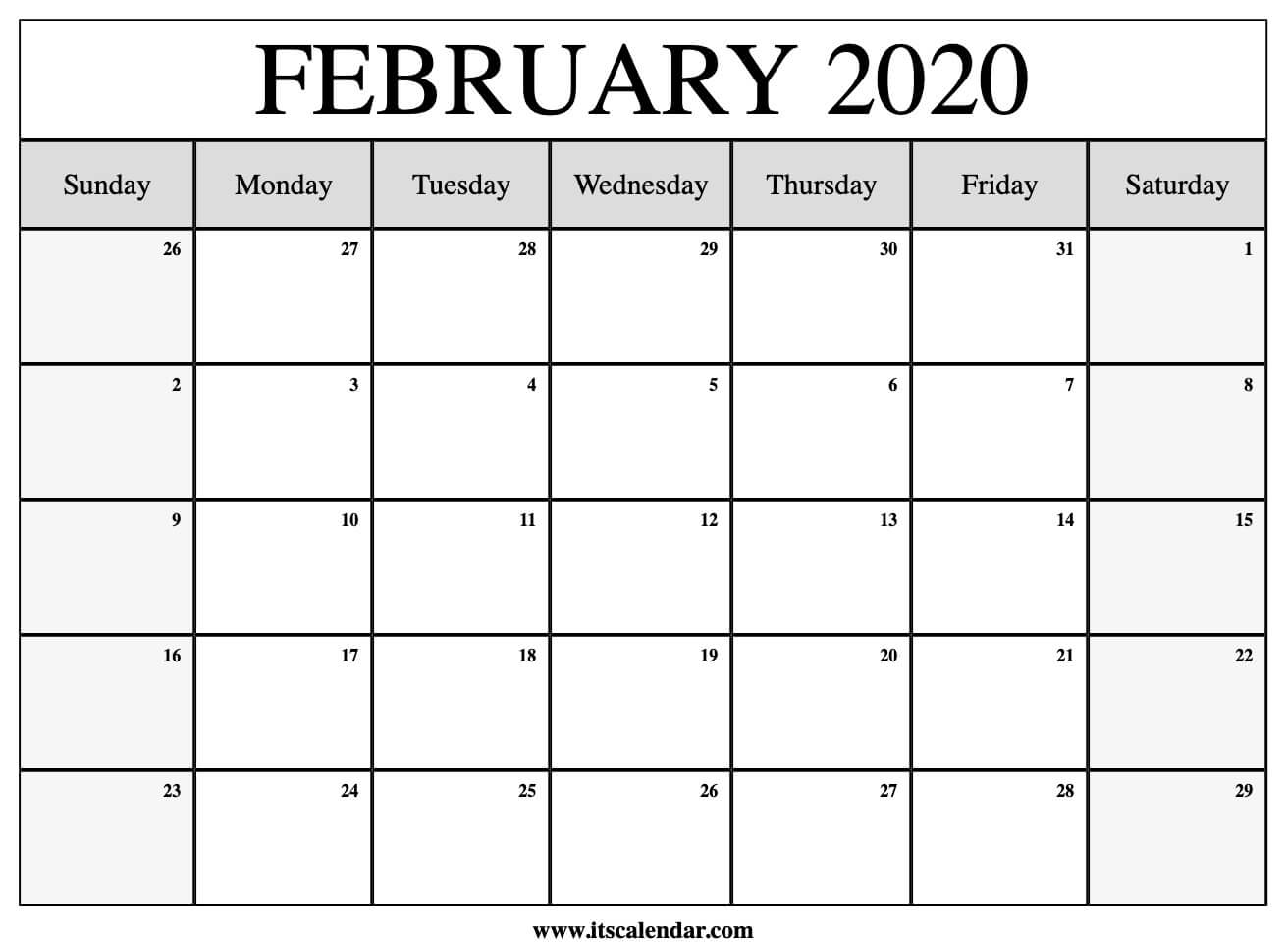 Free Printable February 2020 Calendar