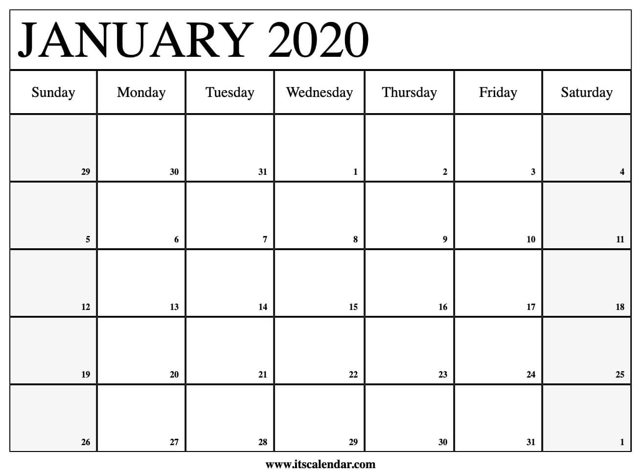 Free Printable January 2020 Calendar