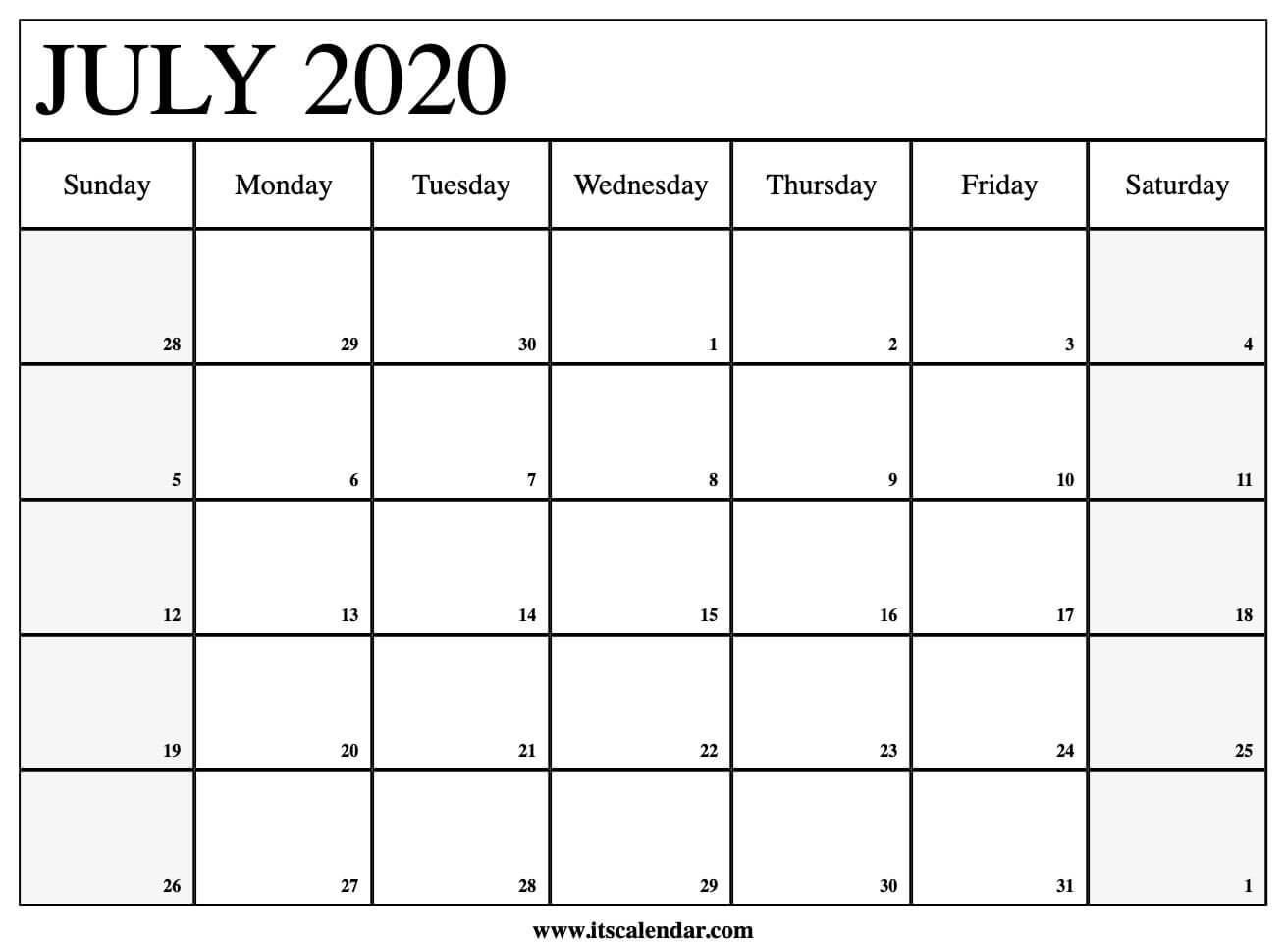 Free Printable July 2020 Calendar