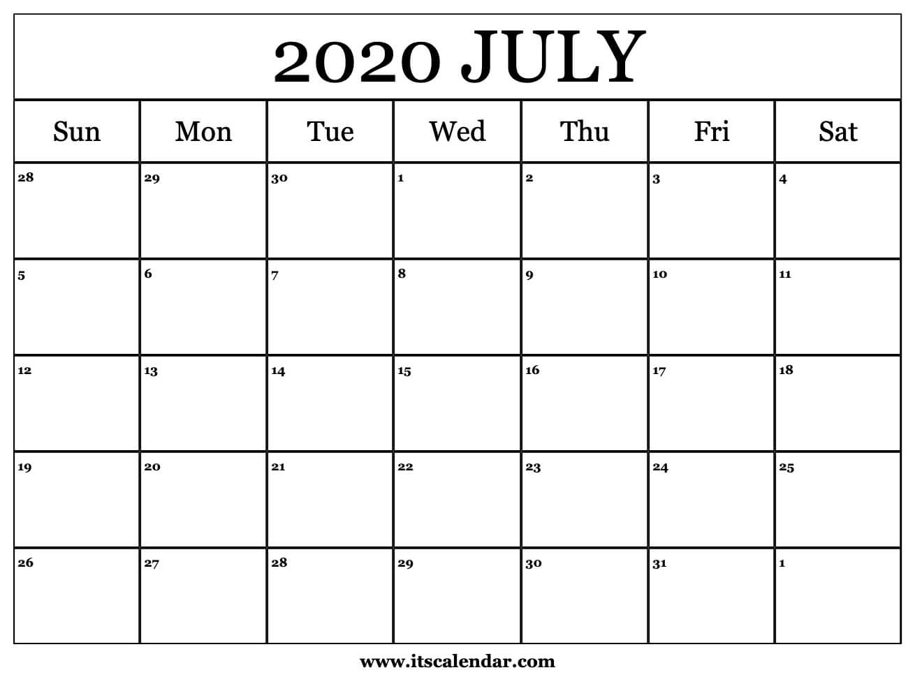 Free Printable July 2020 Calendar