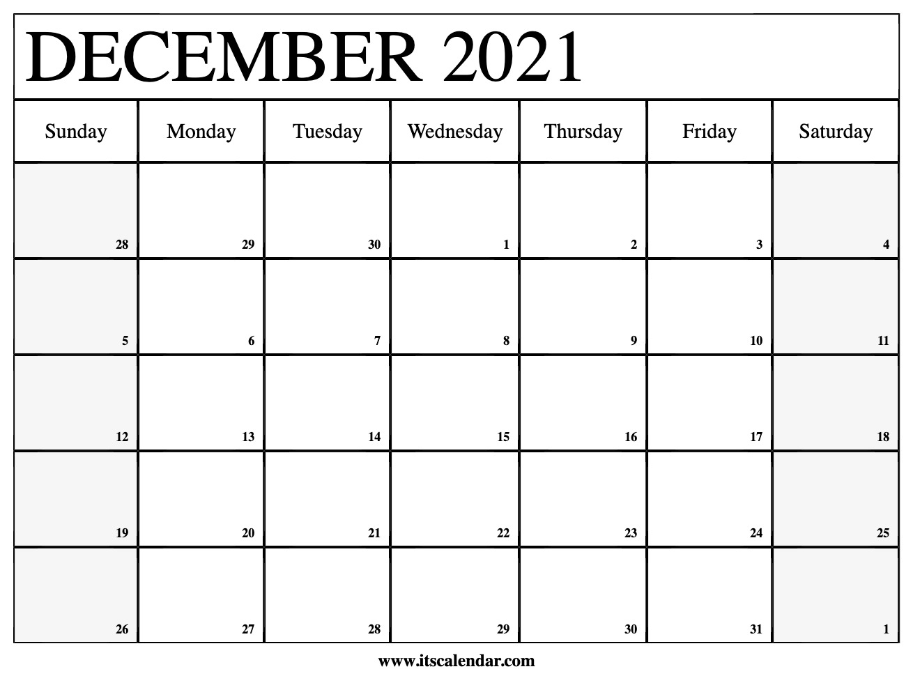 Free Printable December 2021 Calendar