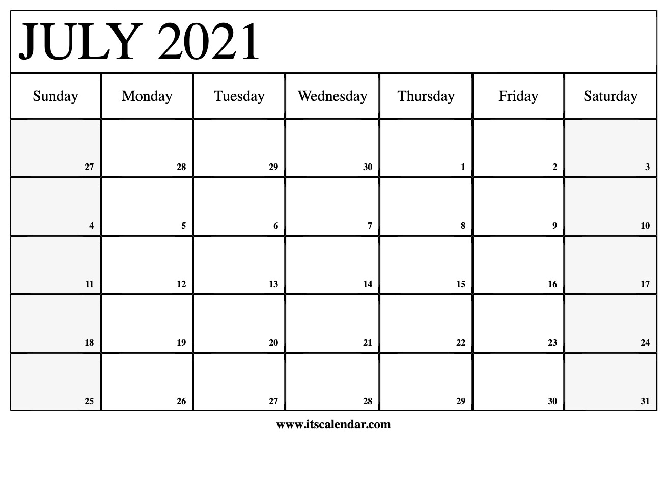 Free Printable July 2021 Calendar