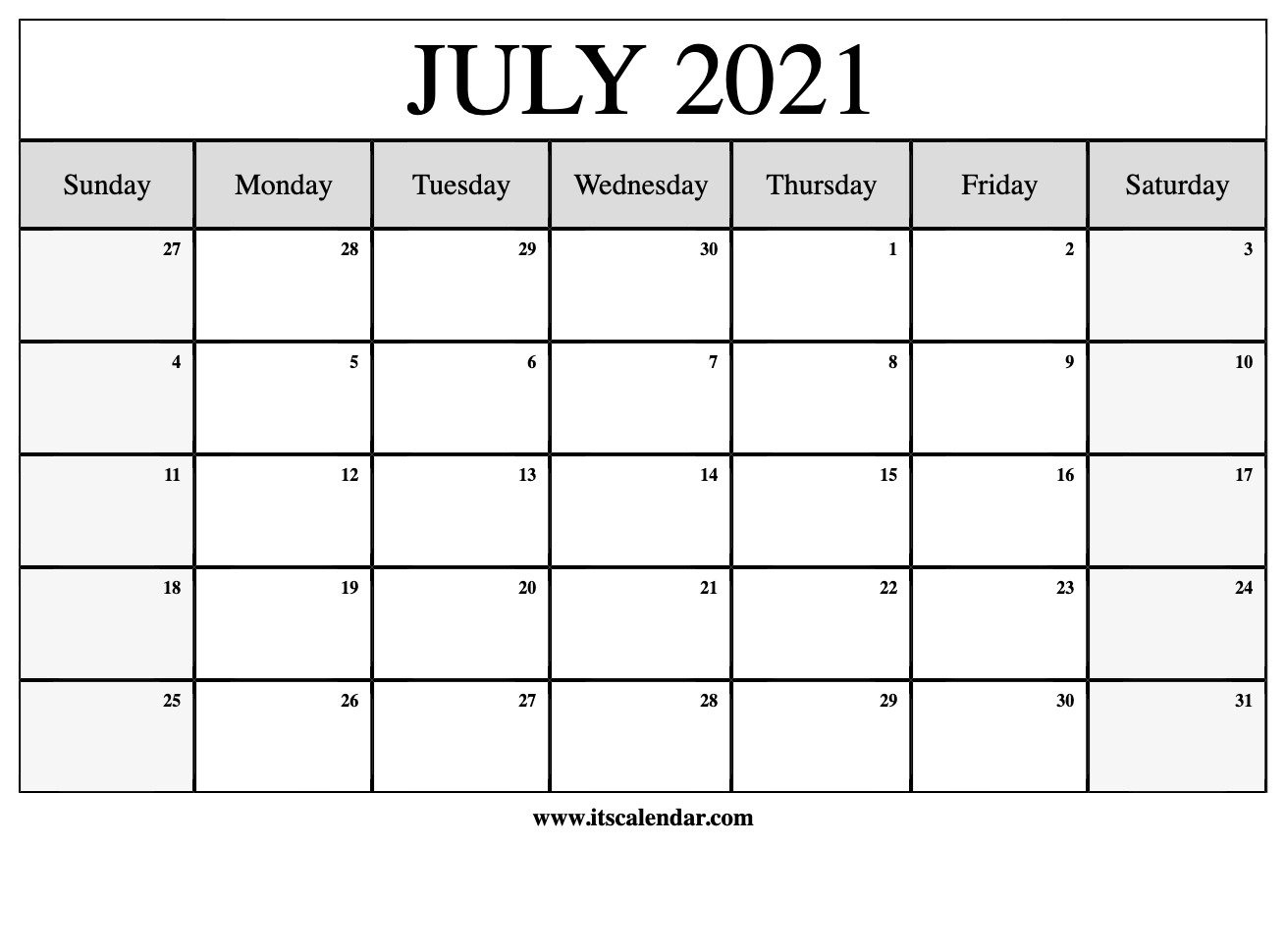 Free Printable July 2021 Calendar