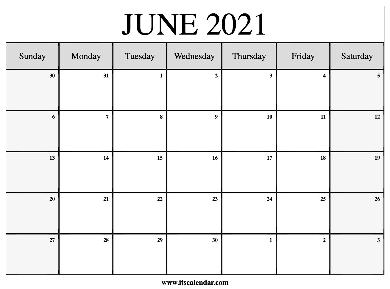 Free Printable June 2021 Calendar