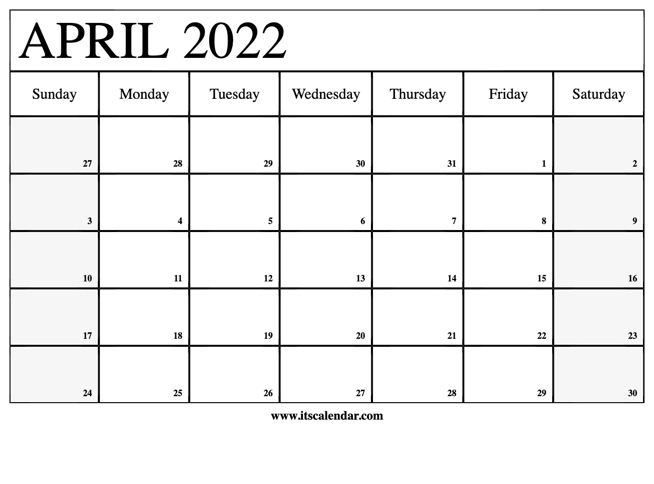 Free Printable April 2022 Calendar