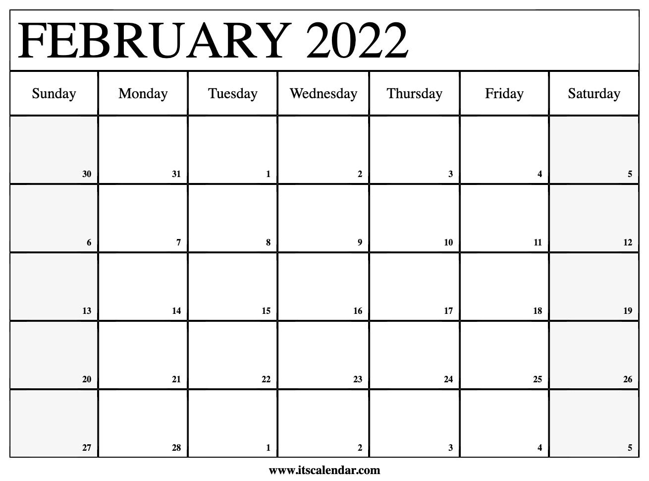 Free Printable February 2022 Calendar