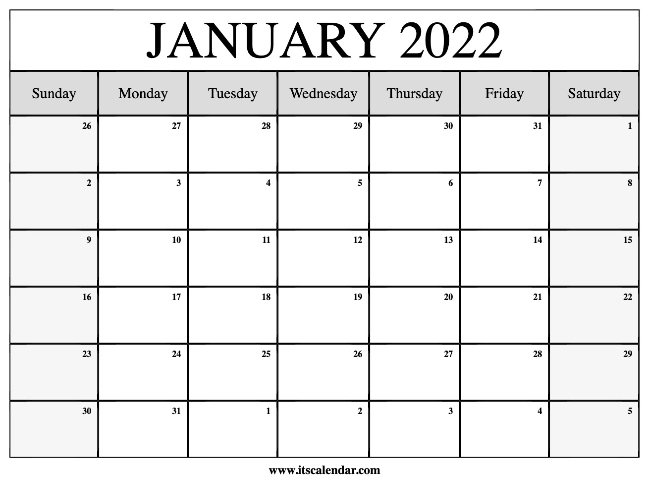 Free Printable Monthly Calendar January 2022